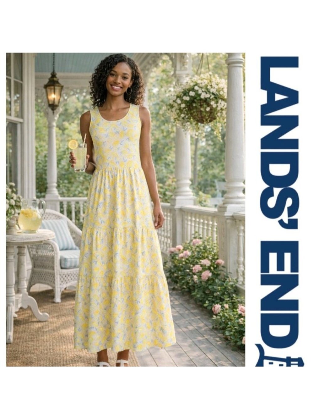 Lands' End Lemon Print Tiered Maxi Dress Yellow White Gingham Print Lg Casual